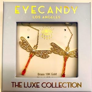 NWT Eye Candy Los Angeles Luxe Coll Dragonfly Earrings Brass 18K Gold Plate CZ